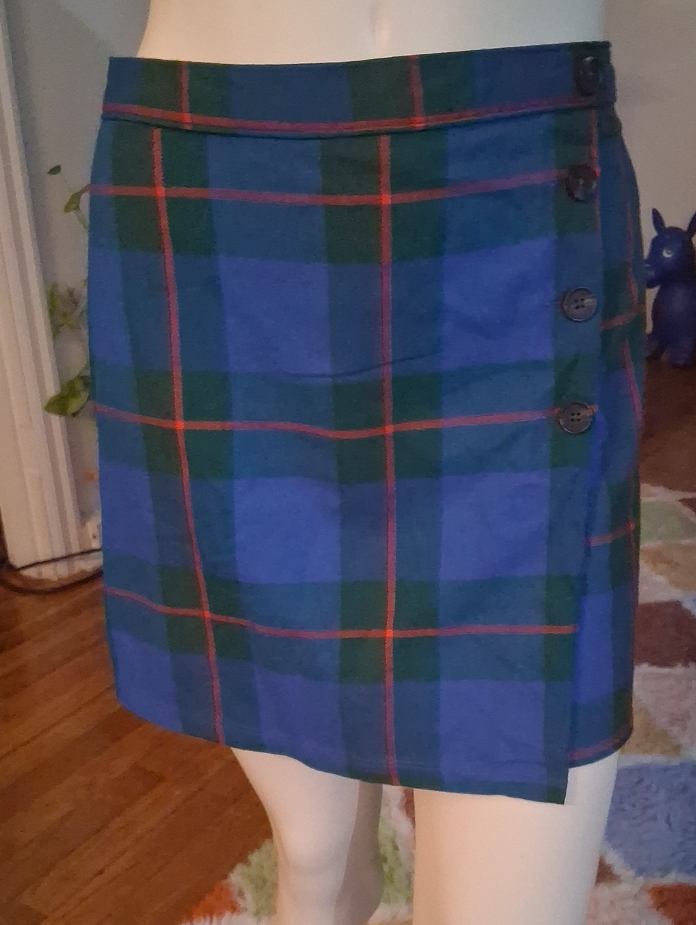 SO Blue and Green Plaid Side-Button Mini Skirt with Red Accent
